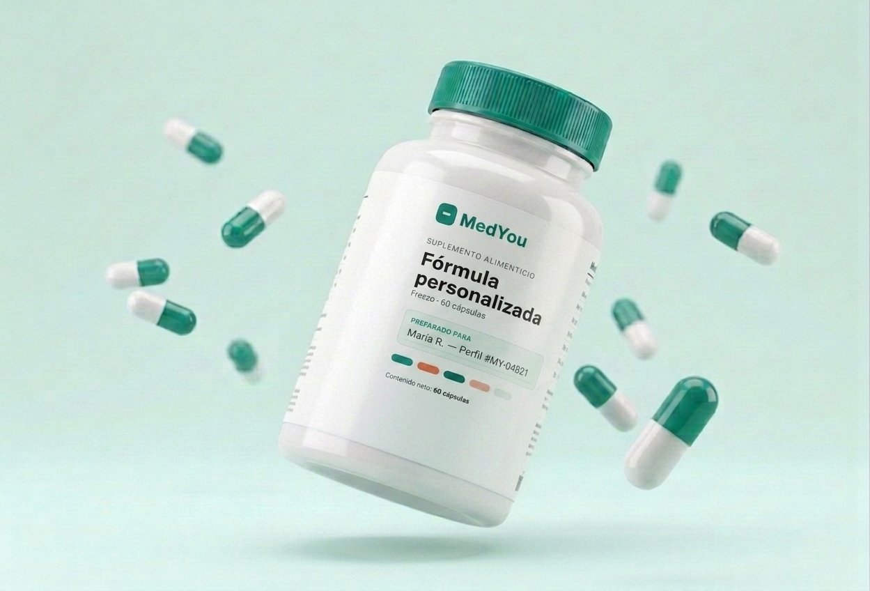 Frasco MedYou de suplemento personalizado, plástico blanco con tapa verde y cápsulas alrededor