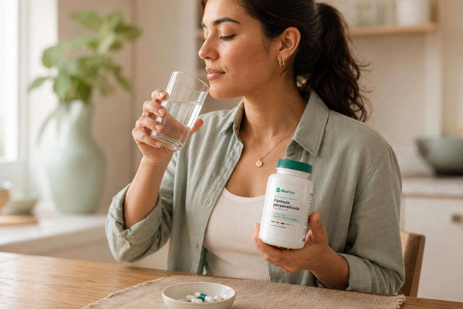 Persona tomando sus cápsulas MedYou con un vaso de agua por la mañana
